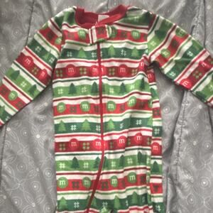M&M's Christmas Striped Fleece Sleeper One Piece Pajamas 2T Red Green White
